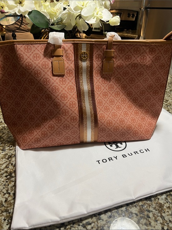 Tory Burch Handbags - Tory Burch Coral Logo Stripe Tote with Tan Trim